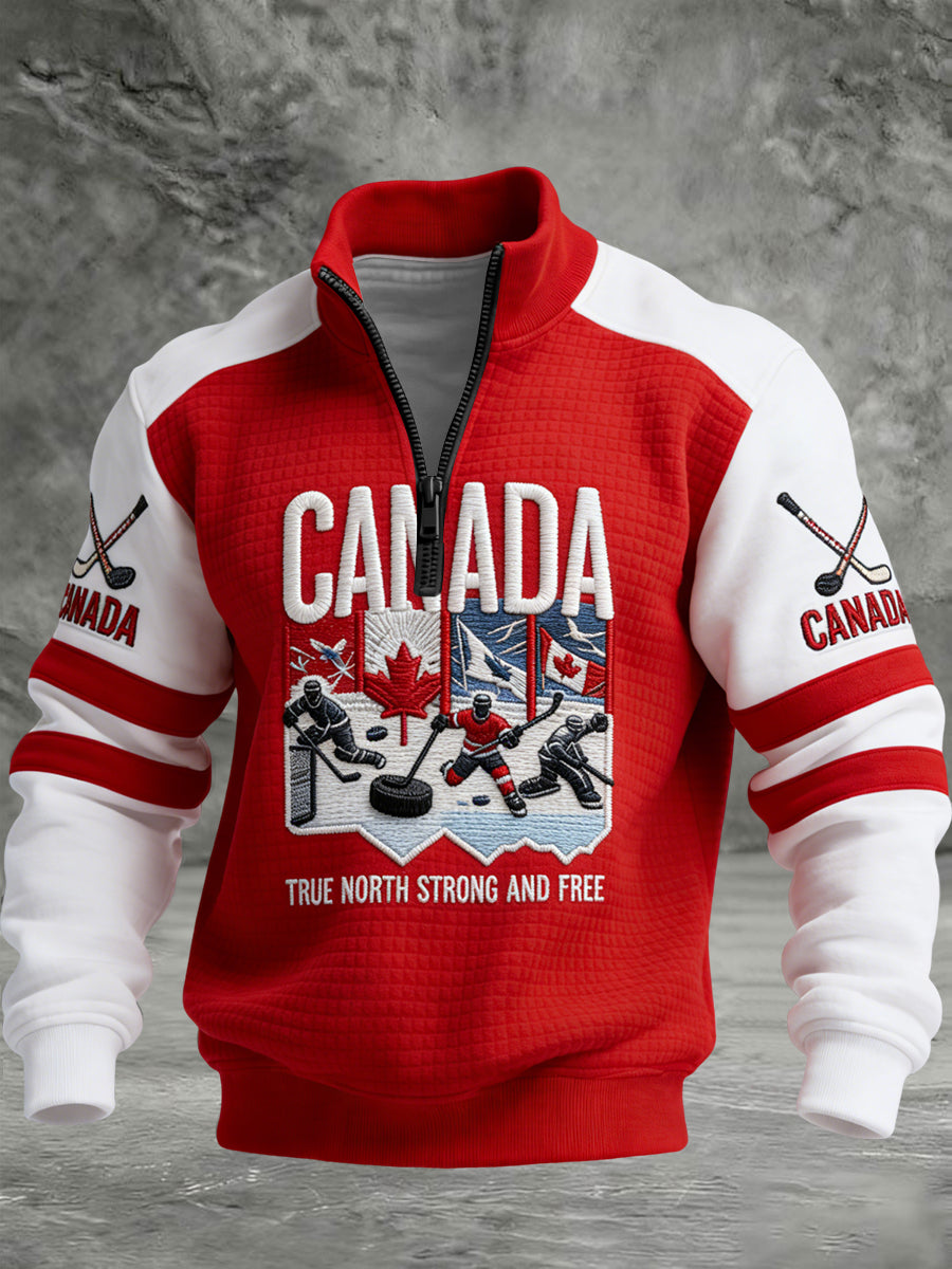 Retro Canadian Hockey Patchwork Waffle Knit Pullover