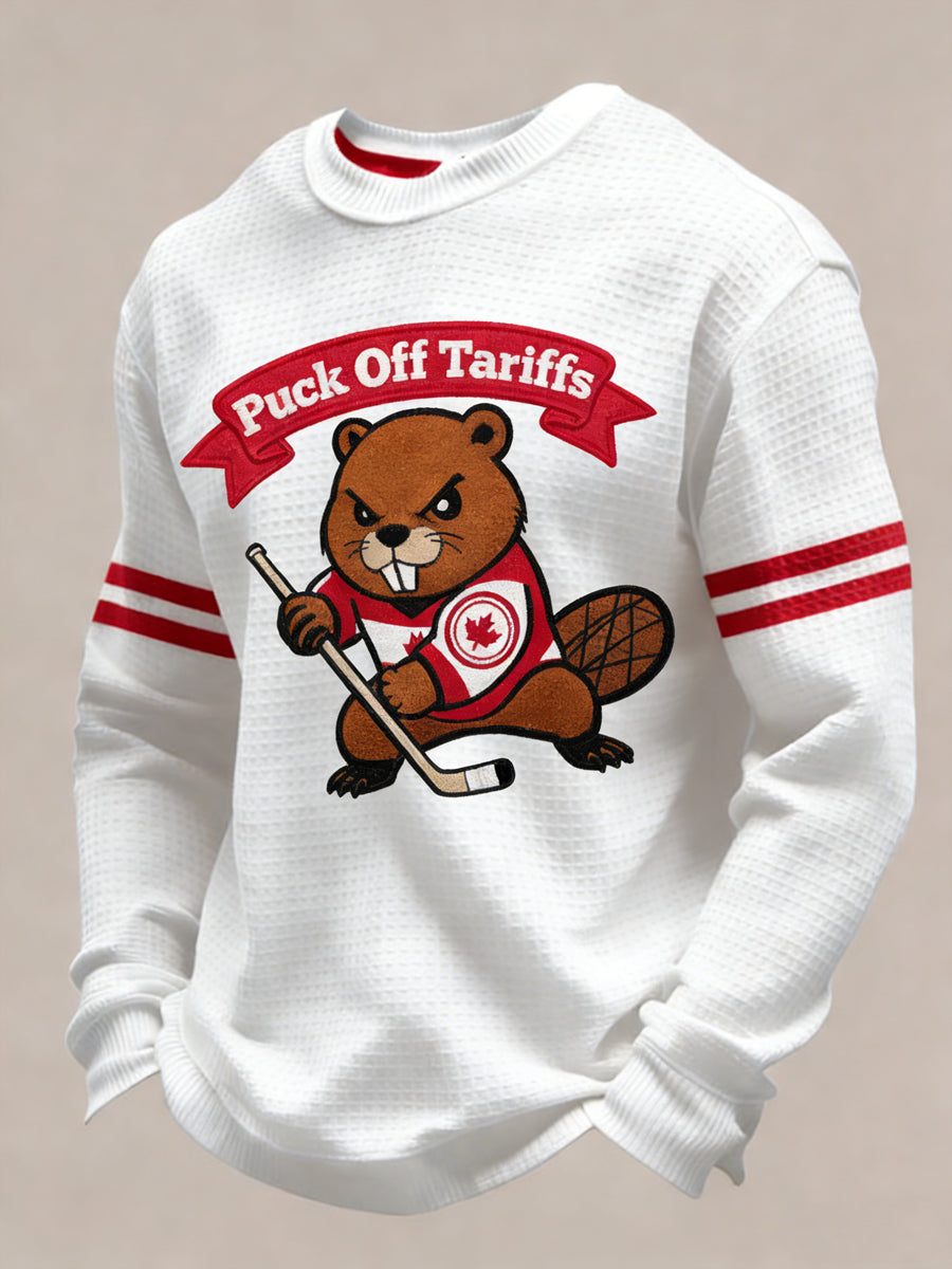 Retro Canadian Hockey Beaver Casual Waffle Weave T-Shirt
