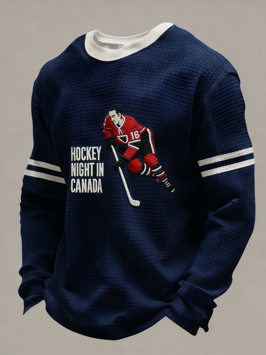 Retro Canadian Hockey Night Casual Waffle-Weave T-Shirt