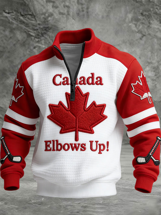 Retro Canadian Hockey Maple Leaf Emblem Casual Waffle-Weave Pullover