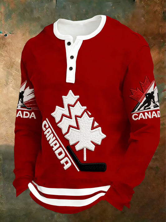 Retro Canadian Hockey Maple Leaf Art Casual Henley Shirt