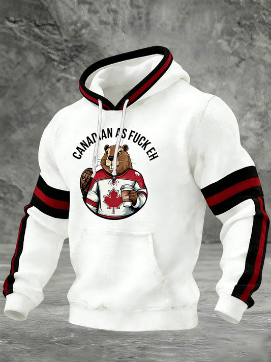 Retro Canadian Hockey Stripe Patchwork Casual Waffle Hoodie