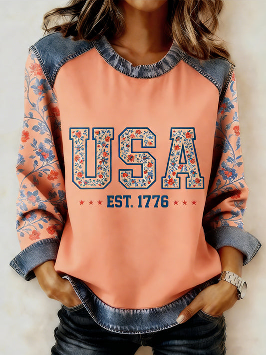Women's USA Flower Printed Collar Long Sleeve Sweatshirt