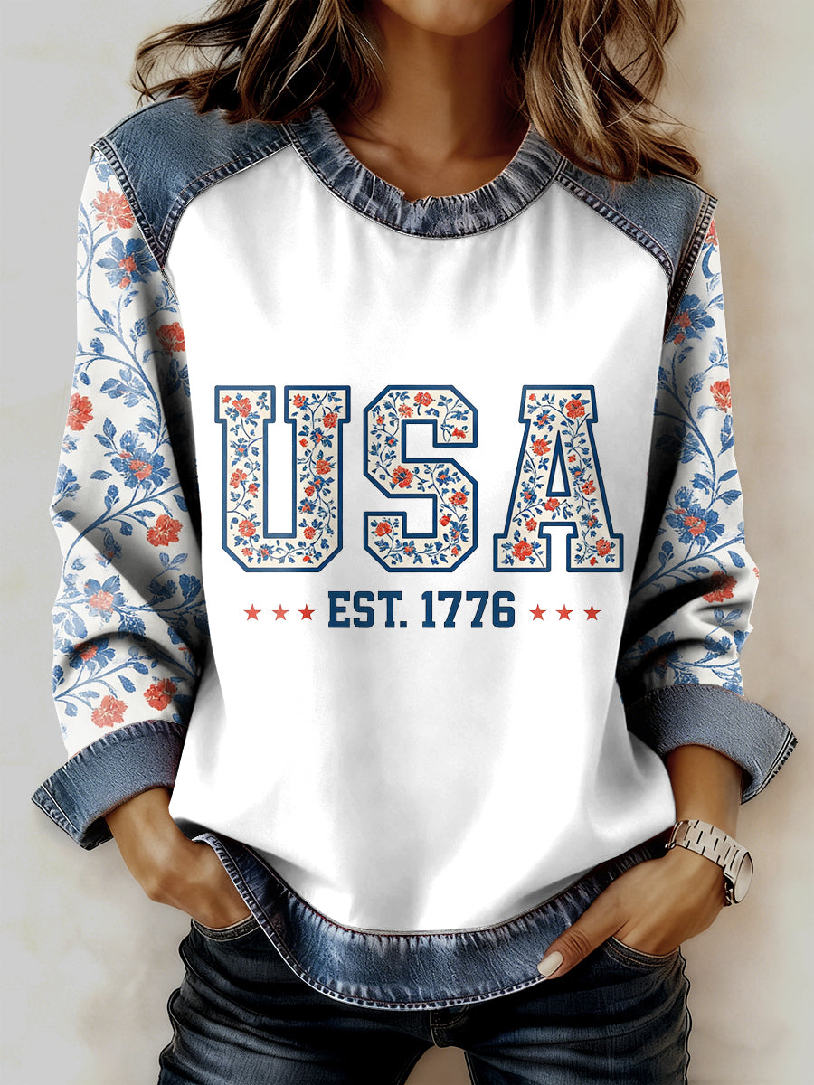 Women's USA Flower Printed Collar Long Sleeve Sweatshirt