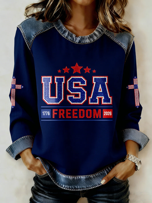Women's USA Printed Collar Long Sleeve Sweatshirt