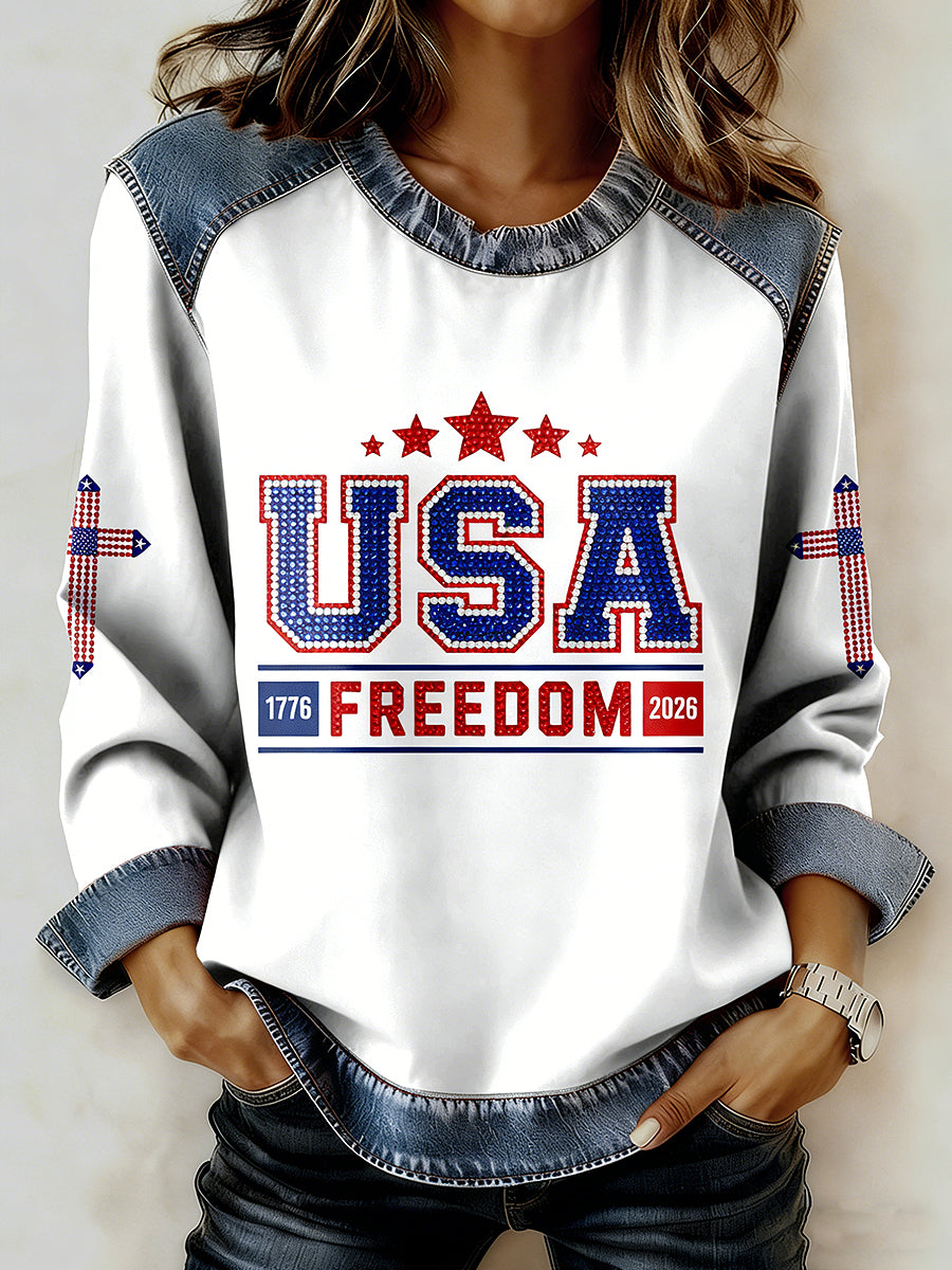 Women's USA Printed Collar Long Sleeve Sweatshirt