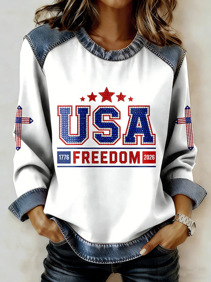 Women's USA Printed Collar Long Sleeve Sweatshirt