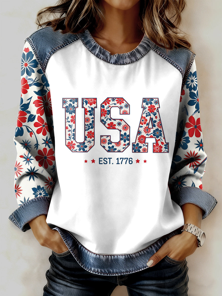 Women's USA Printed Collar Long Sleeve Sweatshirt