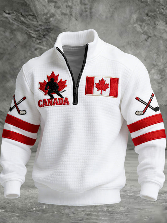 Retro Canadian Hockey Flag Casual Waffle-Weave Pullover