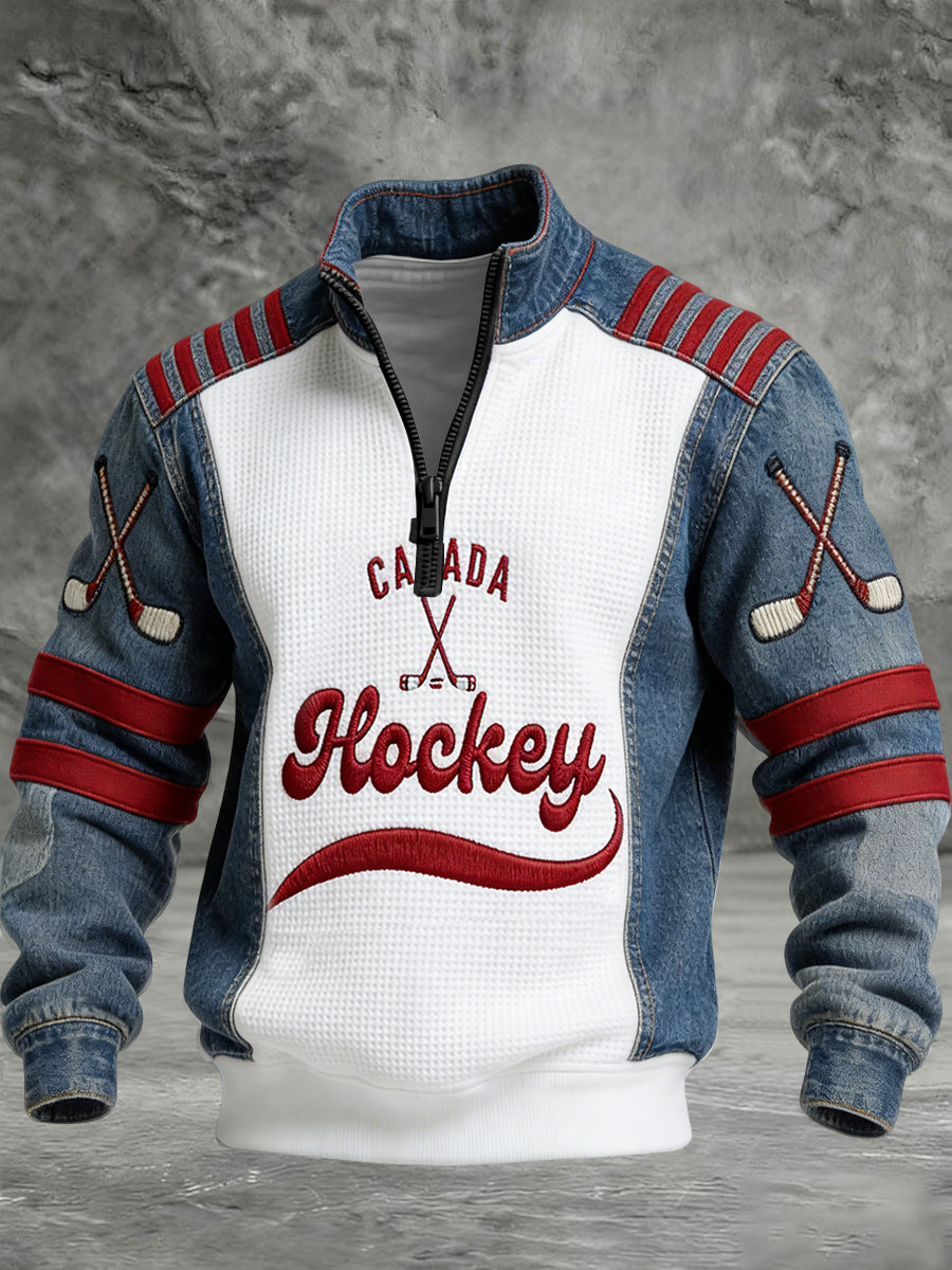 Retro Canadian Hockey Patchwork Casual Waffle Knit Pullover