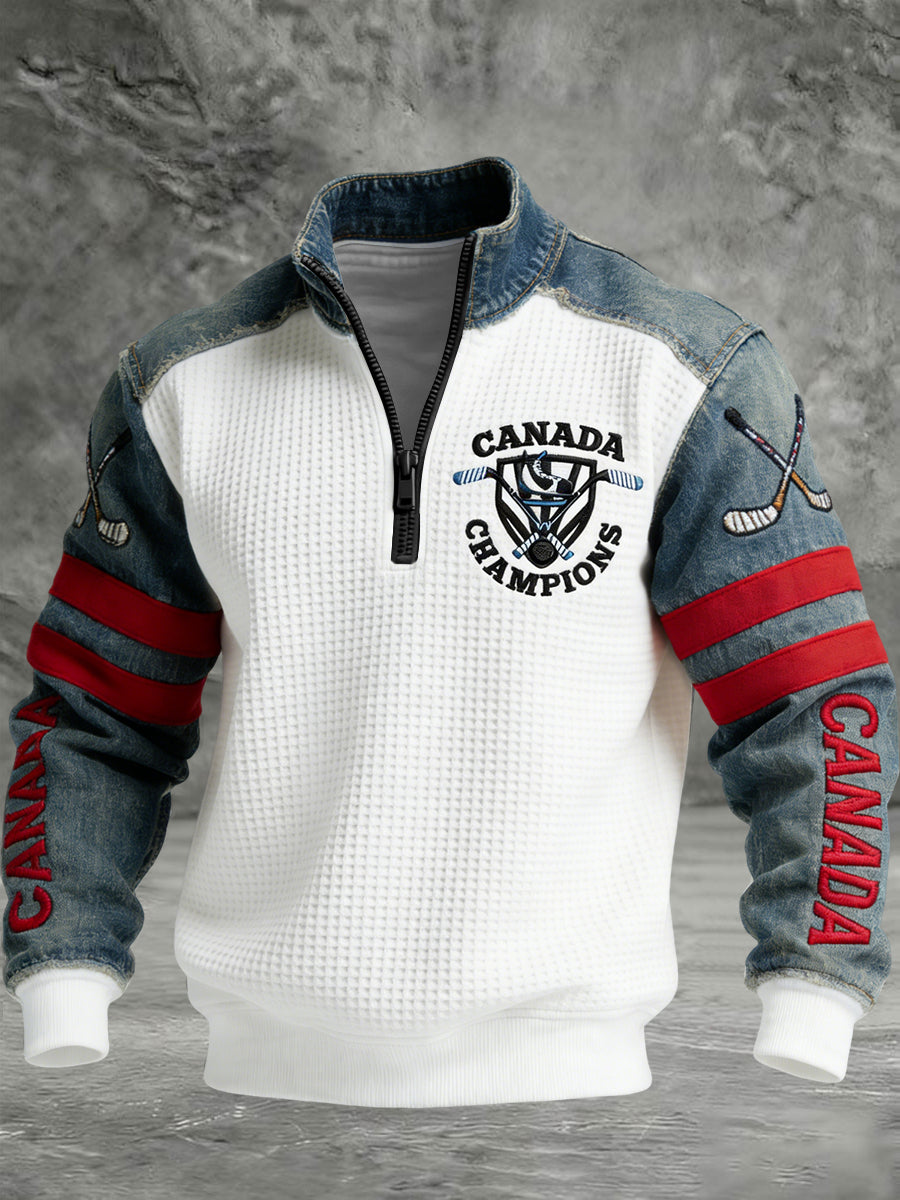 Retro Canadian Hockey Emblem Waffle-Weave Patchwork Pullover