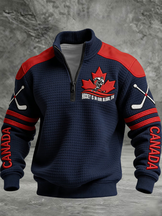 Retro Canadian Hockey Maple Leaf Casual Waffle-Weave Pullover