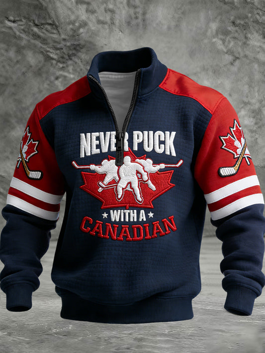 Retro Canadian Hockey Patchwork Casual Waffle Knit Pullover
