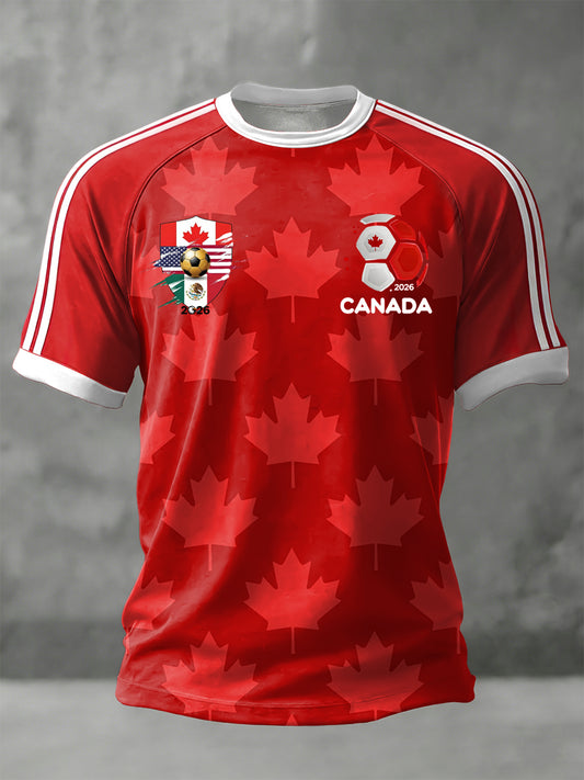 Retro Canada 2026 Soccer Maple Leaf Patchwork Casual T-Shirt