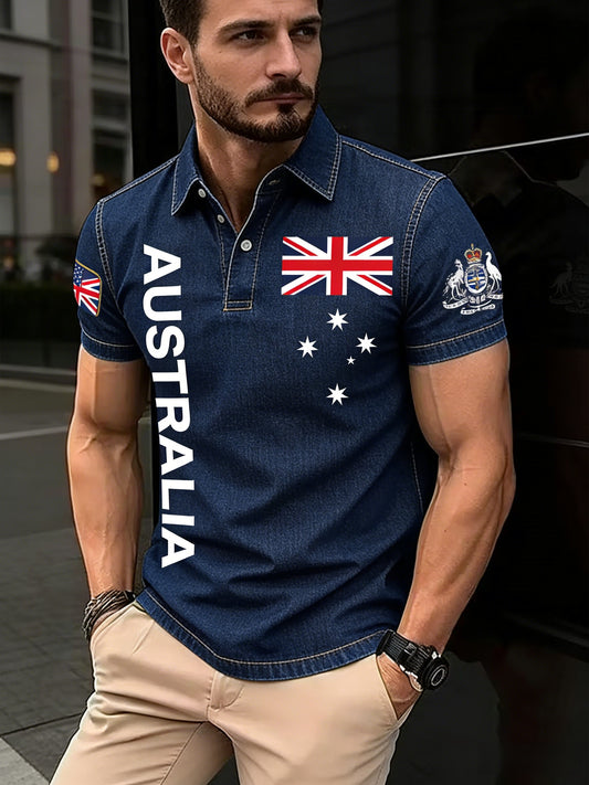 Men's  Vintage Australian Flag Badge Printed Casual Cotton Short Sleeve Polo Shirt