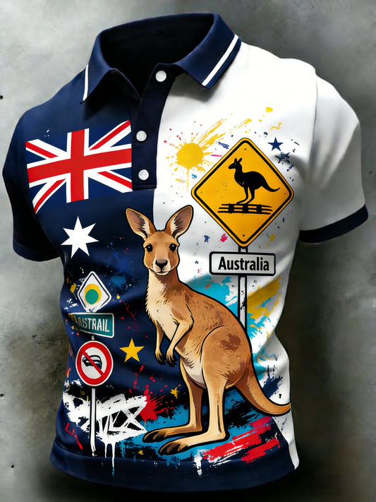 Men's  Vintage Australian Flag Badge Printed Casual Cotton Short Sleeve Polo Shirt