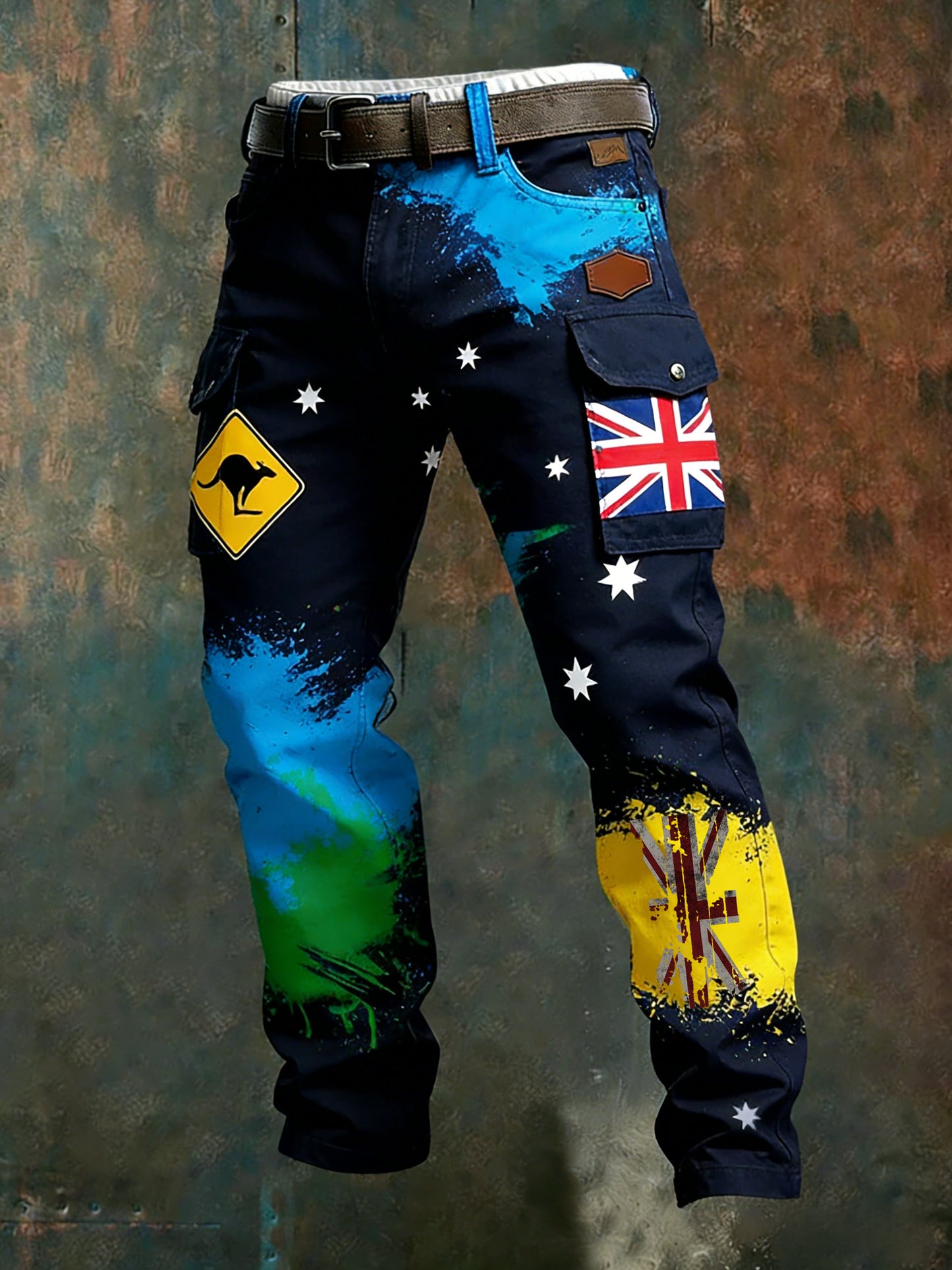 Men's  Vintage Australian Flag Badge Distressed Pocket Cargo Pants