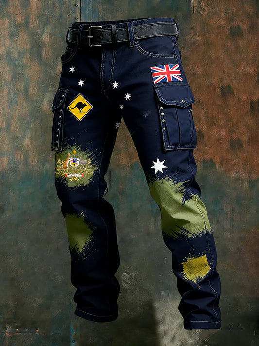 Men's  Vintage Australian Flag Badge Distressed Pocket Cargo Pants