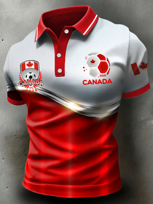 Retro Canadian 2026 Soccer Patchwork Art Casual Polo Shirt