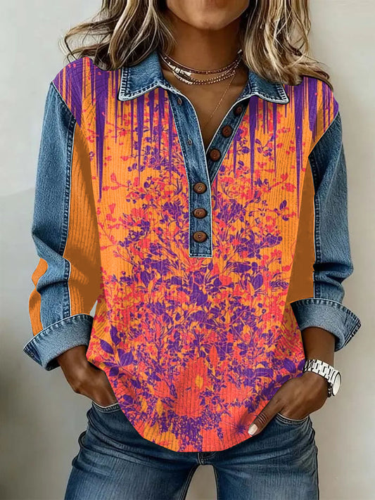 Women's Vintage Flowers Patchwork Print Casual Sweatshirt