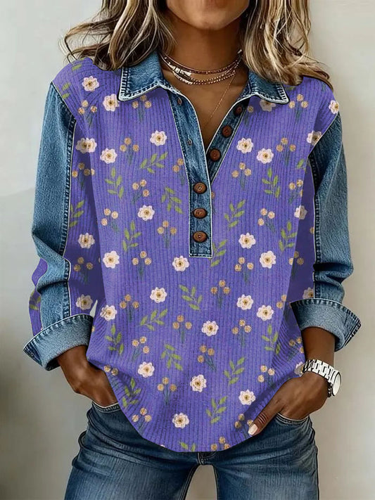 Women's Vintage Flowers Patchwork Print Casual Sweatshirt