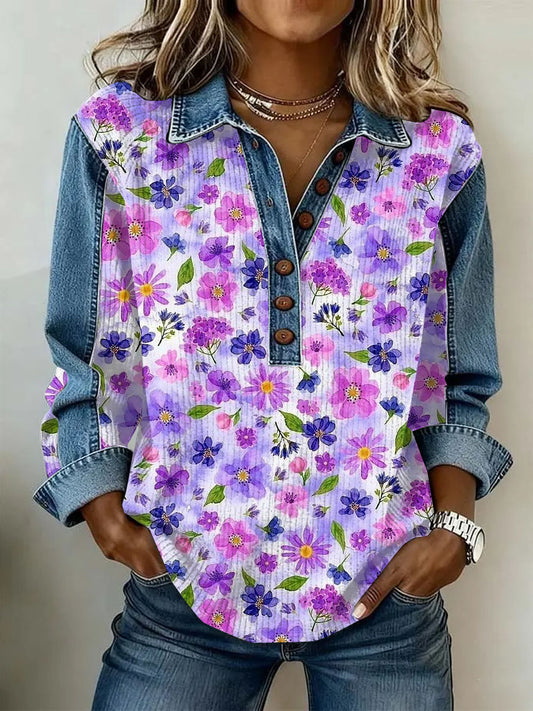 Women's Vintage Flowers Patchwork Print Casual Sweatshirt
