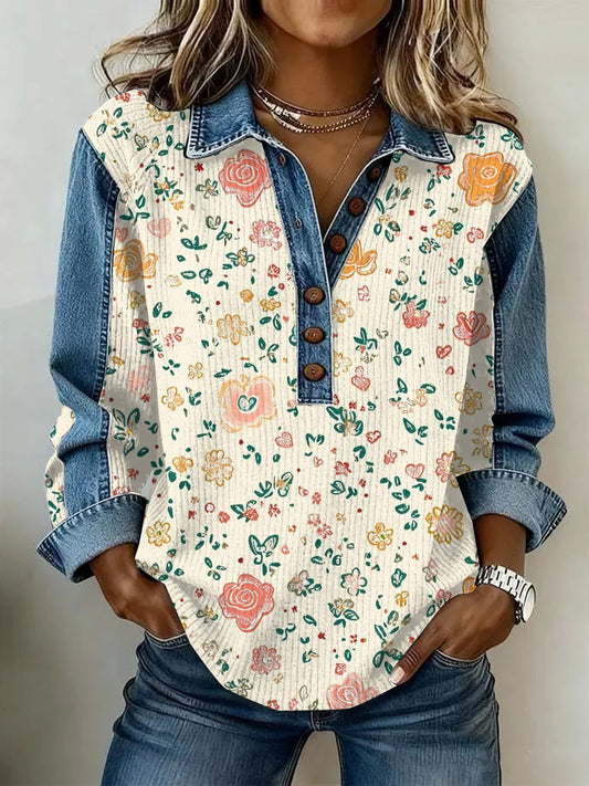 Women's Vintage Floral Print Casual Long-Sleeve Top