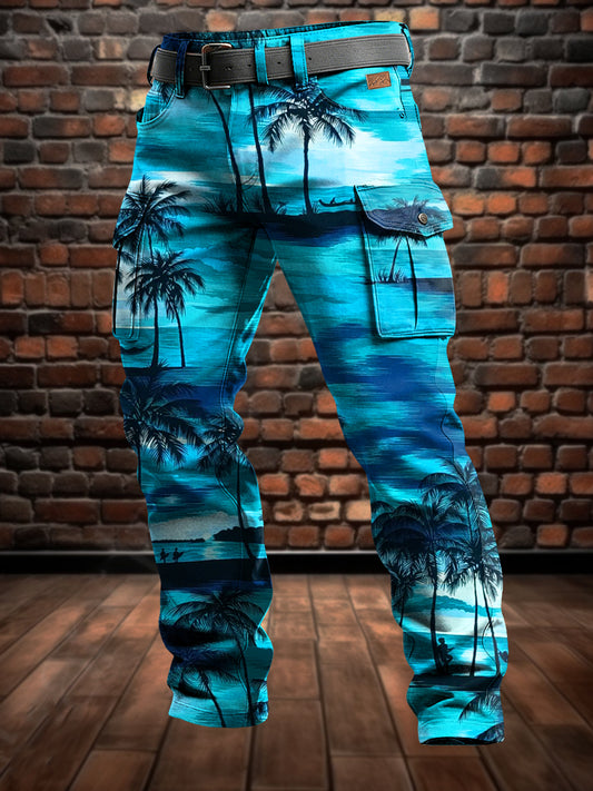 Men's Retro Vacation Business Coconut Tree Art Print Casual Workwear Trousers