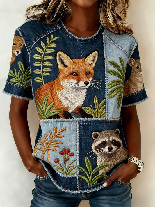 Vintage Australian Animal Patchwork Art Print Casual T-Shirt