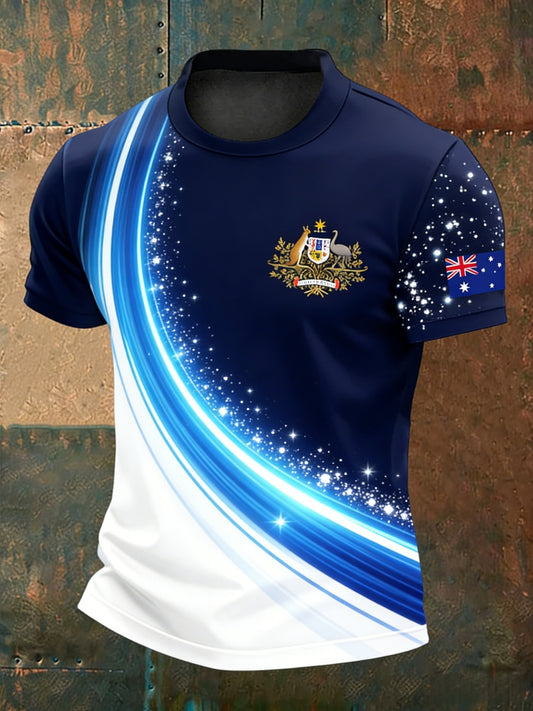 Vintage Australian Flag Badge Sports Stripe Print Casual Cotton T-Shirt