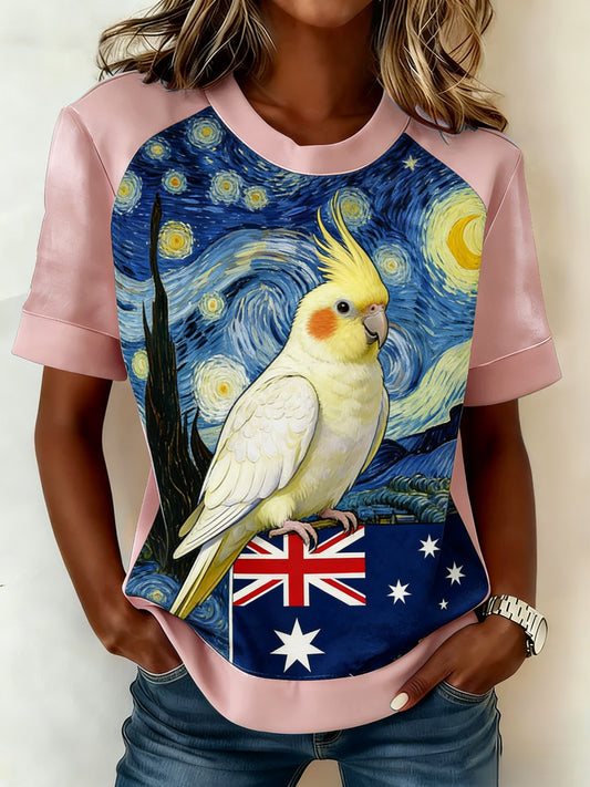 Vintage Aussie Cute Pink Cockatoo Print Casual T-Shirt
