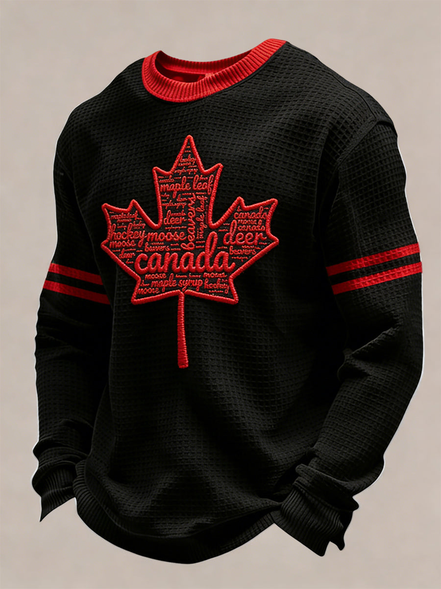 Retro Canadian Hockey Maple Leaf Art Casual Waffle Weave T-Shirt