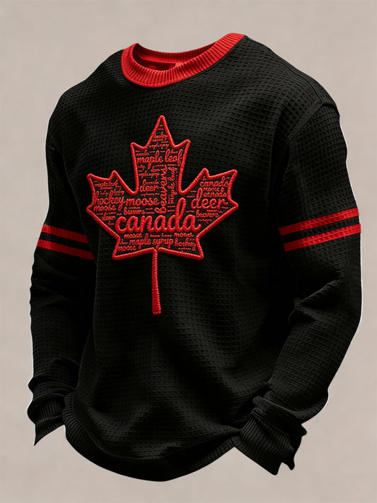 Retro Canadian Hockey Maple Leaf Art Casual Waffle Weave T-Shirt