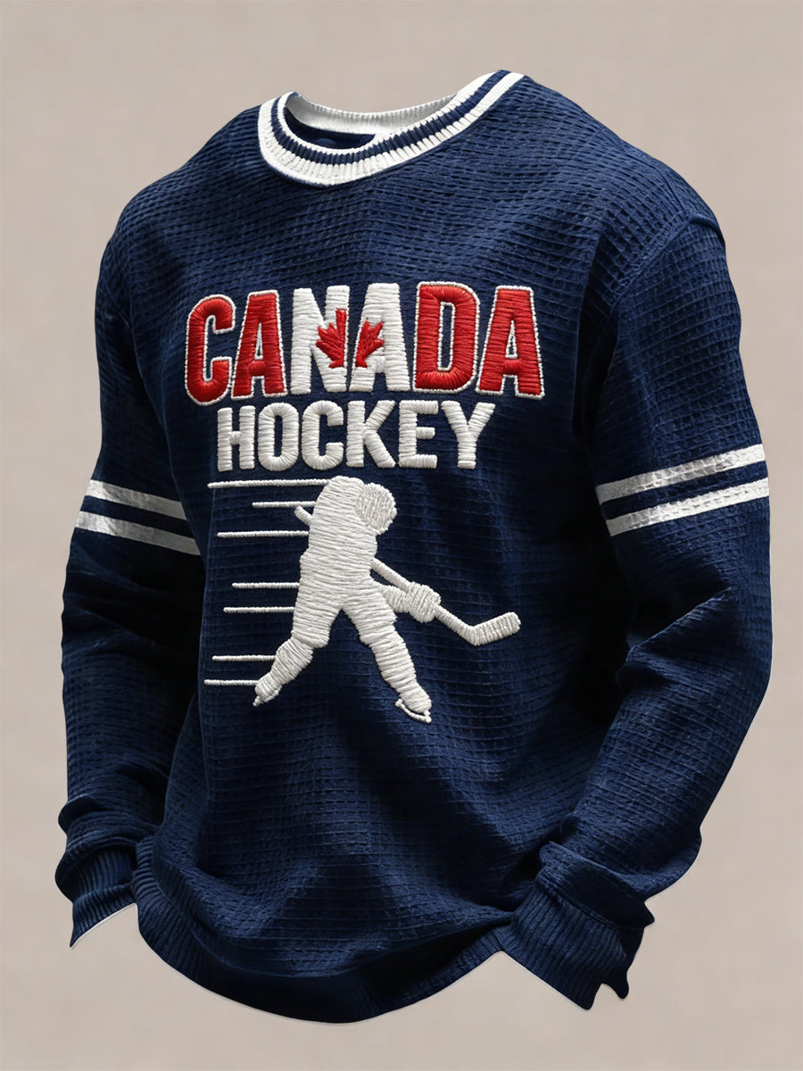 Retro Canadian Hockey Art Casual Waffle Weave T-Shirt