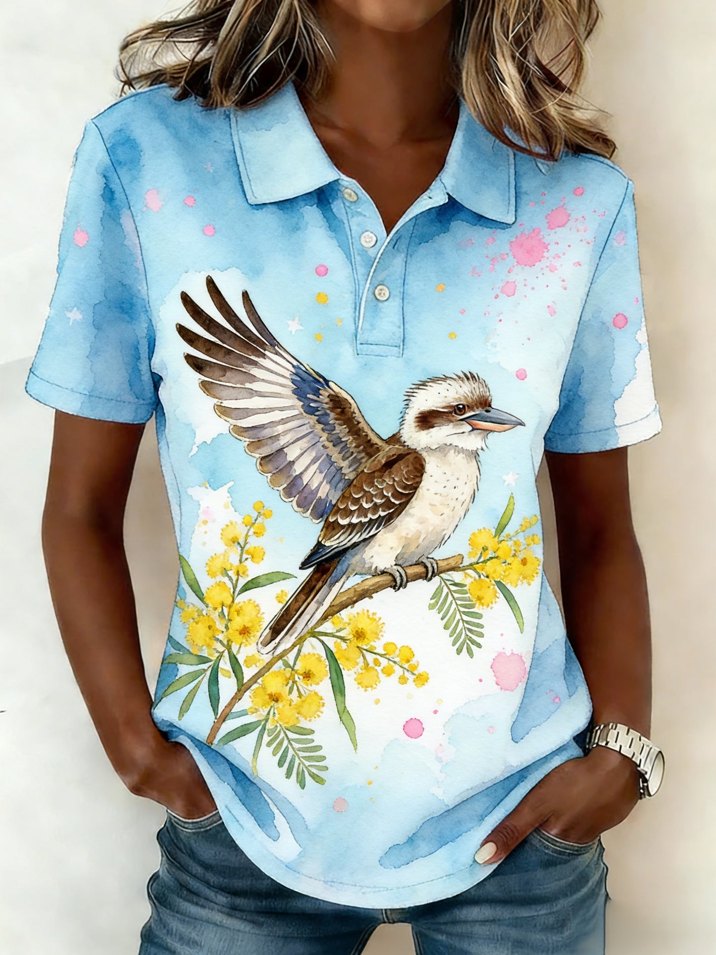 Women's Vintage Aussie Cute Kingfisher Casual Comfortable Short Sleeve Polo Shirt