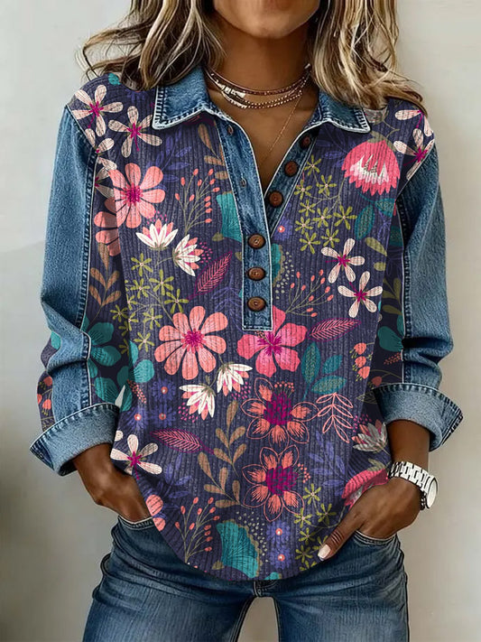 Women's Vintage Floral Print Casual Long-Sleeve Top