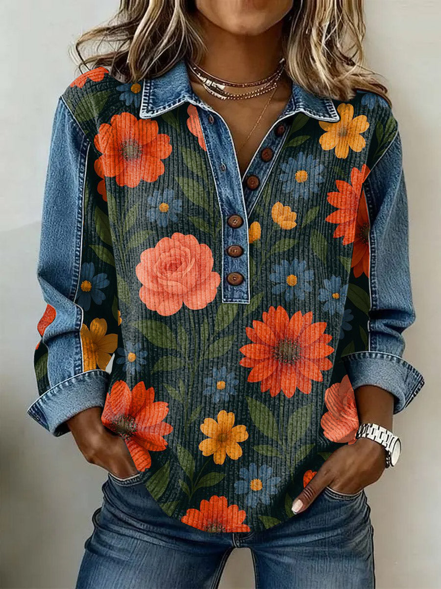 Women's Vintage Floral Print Casual Long-Sleeve Top