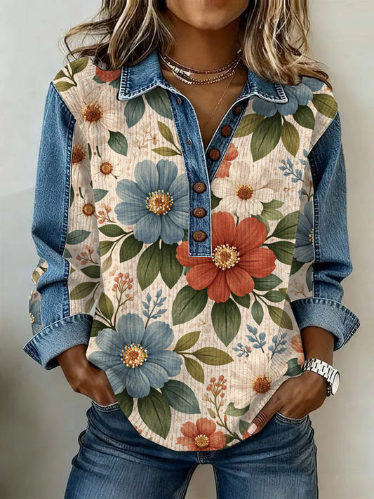 Women's Vintage Floral Print Casual Long-Sleeve Top
