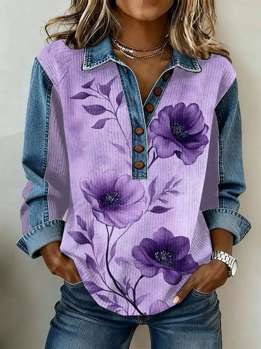 Women's Vintage Flowers Patchwork Print Casual Sweatshirt