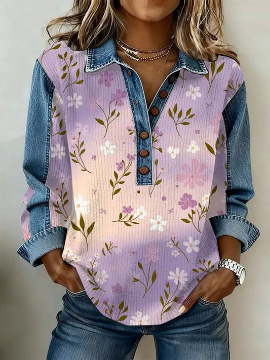 Women's Vintage Flowers Patchwork Print Casual Sweatshirt