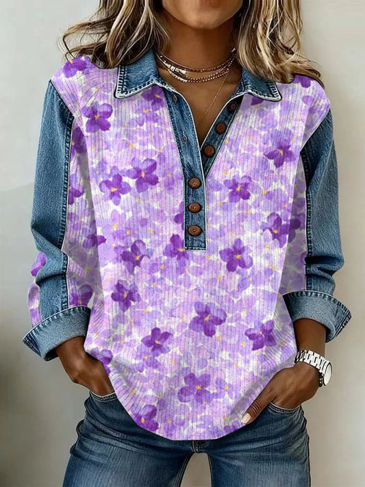 Women's Vintage Flowers Patchwork Print Casual Sweatshirt