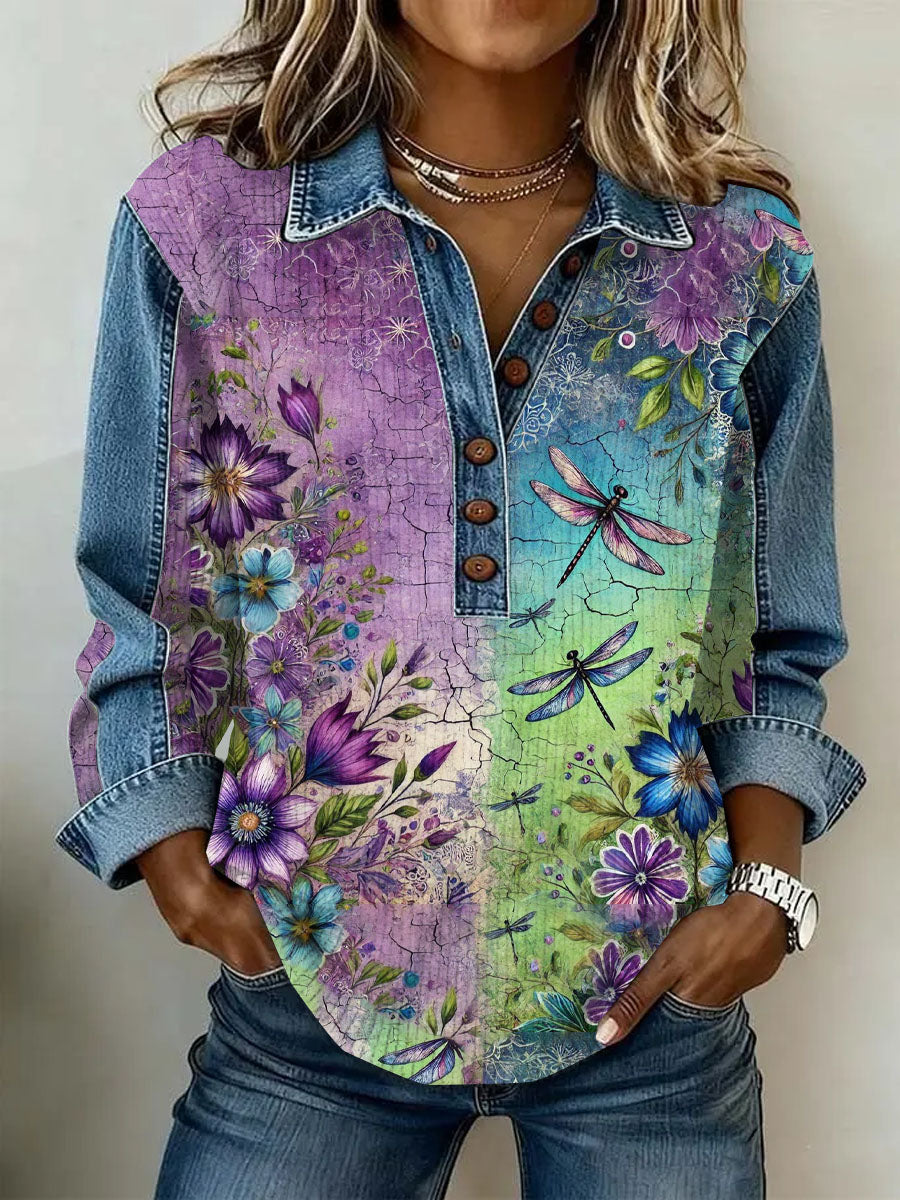 Women's Vintage Flowers Patchwork Print Casual Sweatshirt