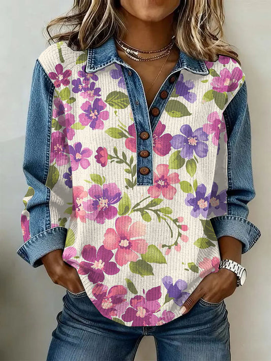 Women's Vintage Flowers Patchwork Print Casual Sweatshirt
