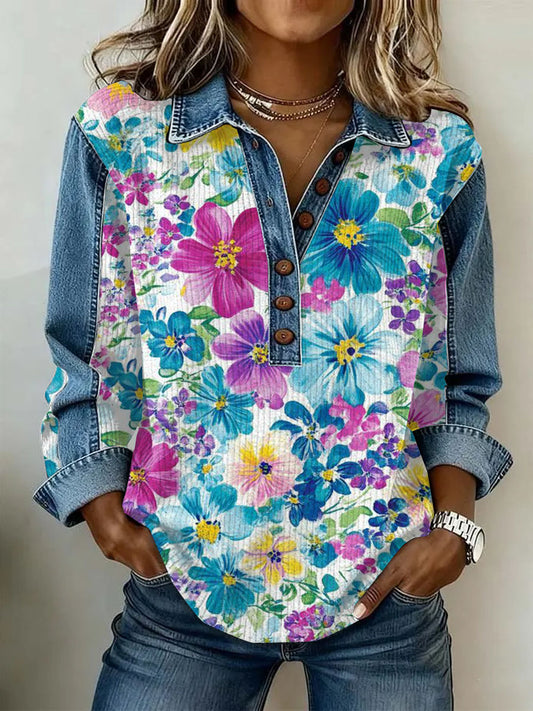 Women's Vintage Flowers Patchwork Print Casual Sweatshirt