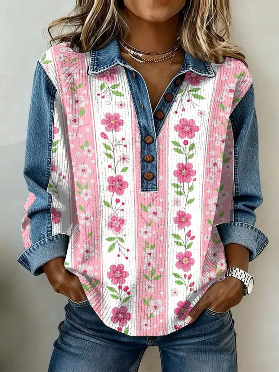 Women's Vintage Floral Print Casual Long-Sleeve Top