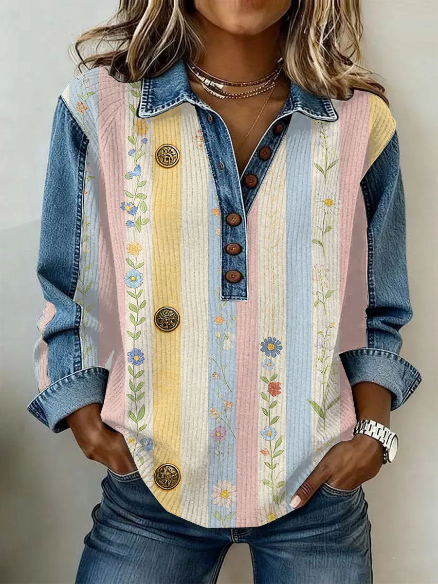 Women's Vintage Floral Print Casual Long-Sleeve Top