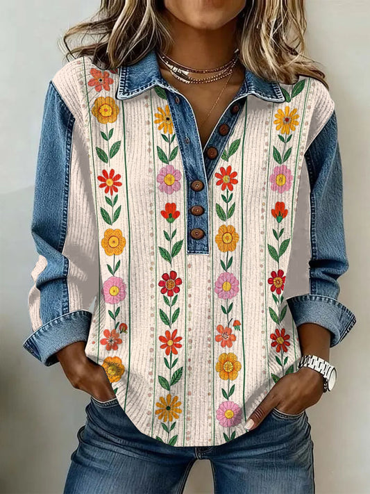 Women's Vintage Floral Print Casual Long-Sleeve Top