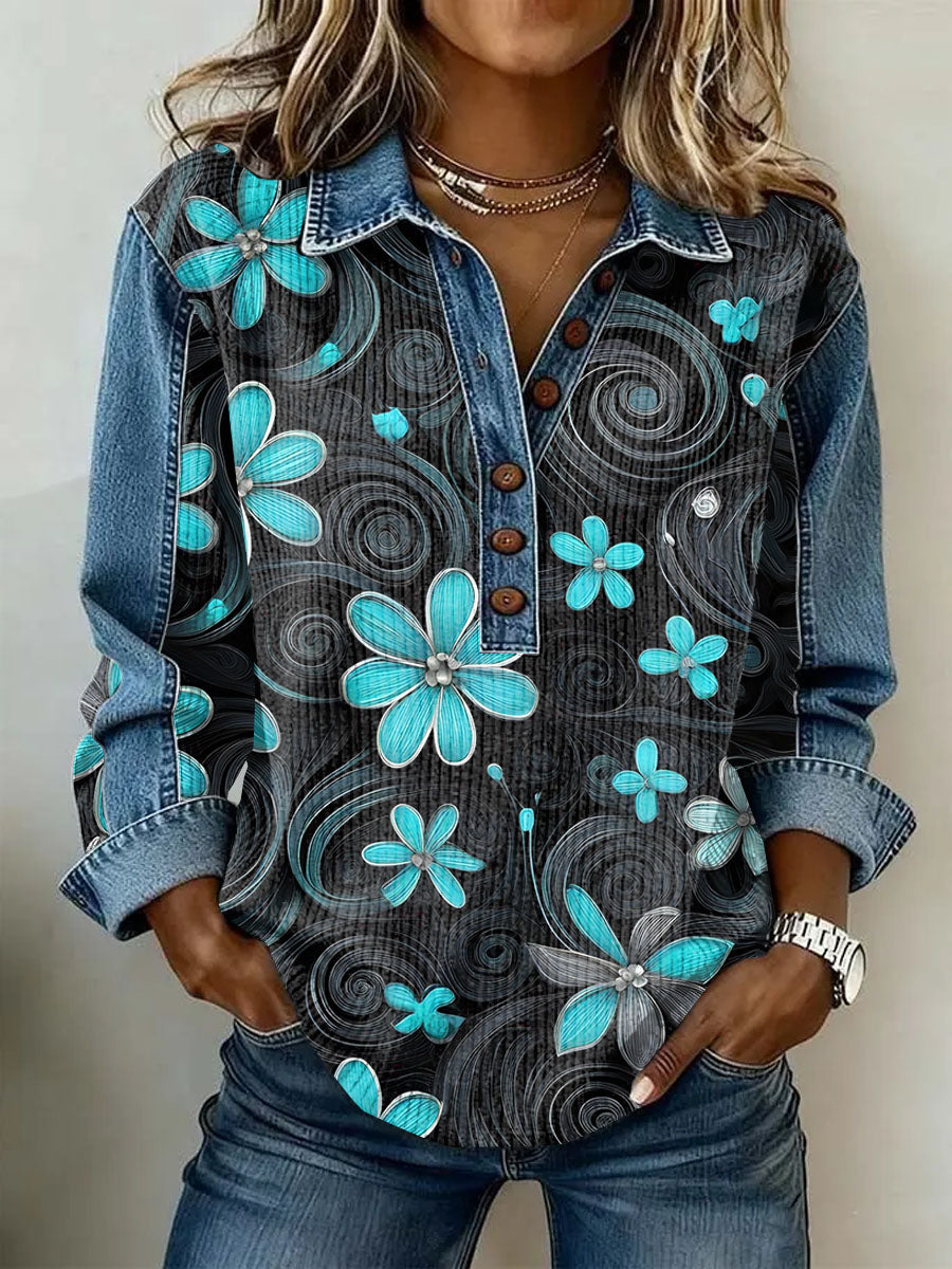 Women's Vintage Floral Print Casual Long-Sleeve Top