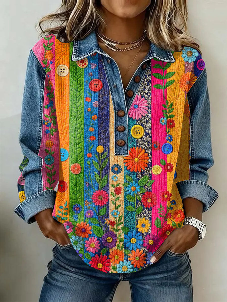 Women's Vintage Floral Print Casual Long-Sleeve Top