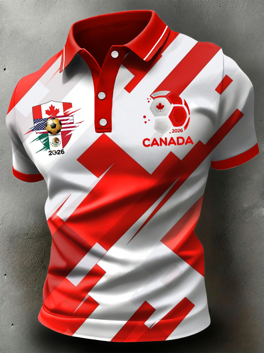 Retro Canadian 2026 Soccer Abstract Geometric Casual Polo